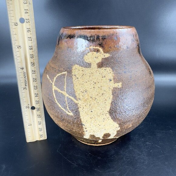1997 Hand Made Primitive Style Pottery Vase Vessel Carved Brown Drip Glaze Vase - Picture 7 of 16